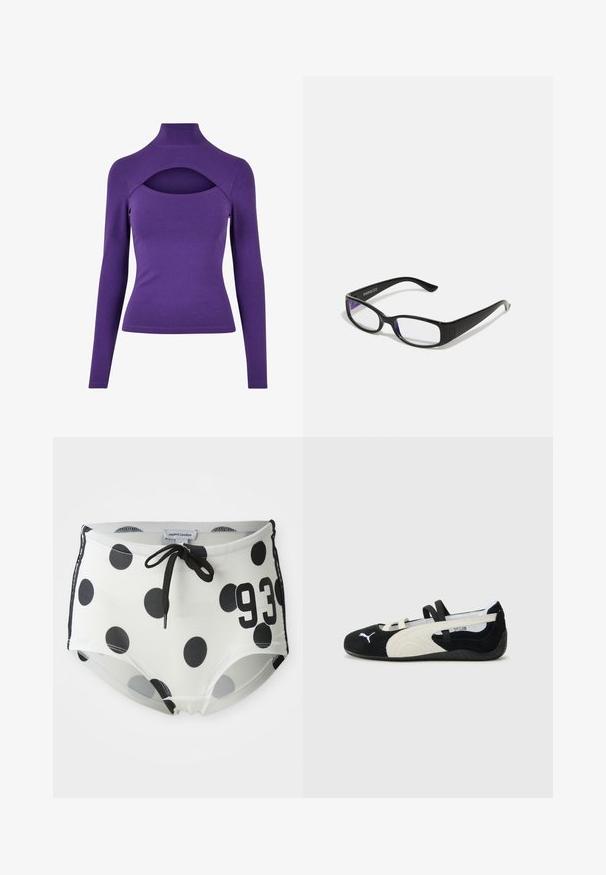 Lila langärmliges Oberteil mit hohem Kragen und einem Ausschnitt unter dem Hals. Hergestellt aus weichem, dehnbarem Material mit glatter Textur.; Schwarz-weiße gepunktete Badehose mit einem Kordelzug-Bund, auf der Vorderseite mit der Nummer "93" und aus einem glatten, dehnbaren Stoff.; Schwarzer und cremiger, ultraleichter Schuh mit einem Obermaterial aus Wildleder, flacher Sohle, elastischen Riemen und einem kleinen Logo an der Zehe.; Schwarze rechteckige Brille mit klaren Gläsern. Glänzende Oberfläche, schmale Bügel und lila Tönung an den Rändern der Gläser sichtbar.