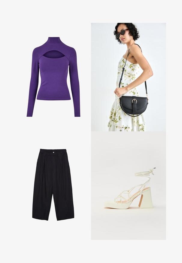 Lila langärmliges Oberteil mit hohem Kragen und einem Ausschnitt unter dem Hals. Hergestellt aus weichem, dehnbarem Material mit glatter Textur.; Schwarze Polyester-Culotte mit einem elastischen Bund, zwei vorderen Falten und einer lockeren Silhouette. Keine sichtbaren Muster oder Hardware-Details.; Weiße High-Heel-Sandale mit einem klobigen Absatz, die über ein Riemchendesign und ein Knöchelband verfügt. Glatte Textur mit einer Plattform vorne für zusätzliche Höhe.; Schwarze Lederhandtasche mit geschwungener Form, abnehmbarem Tragegurt und goldenen Beschlägen. Die Tasche verfügt über einen Deckel mit einer Schnallen-Details.