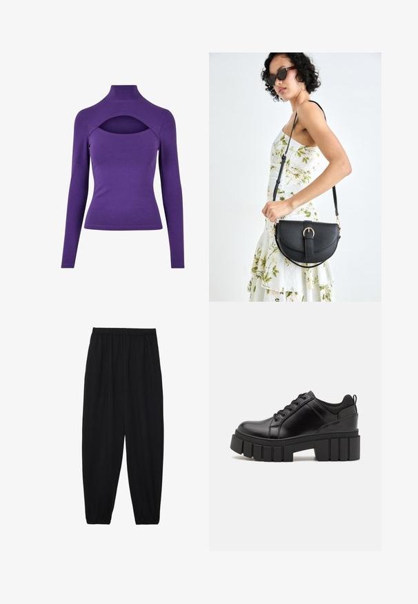 Lila langärmliges Oberteil mit hohem Kragen und einem Ausschnitt unter dem Hals. Hergestellt aus weichem, dehnbarem Material mit glatter Textur.; Schwarze, leichte Hosen mit einem elastischen Bund und gerafften Knöcheln. Der Stoff ist glatt und hat ein entspanntes, schmal zulaufendes Design.; Schwarze Lederplateauschuhe mit klobigem Blockabsatz, runder Zehenpartie und traditionellem Schnürdesign. Verfügt über eine glatte Textur und minimale Details.; Schwarze Lederhandtasche mit geschwungener Form, abnehmbarem Tragegurt und goldenen Beschlägen. Die Tasche verfügt über einen Deckel mit einer Schnallen-Details.