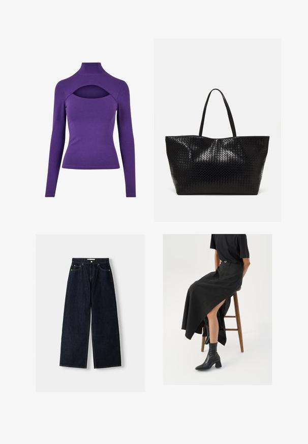 Fioletowa bluzka z długim rękawem z wysokim dekoltem i wycięciem poniżej szyi. Wykonana z miękkiego, elastycznego materiału o gładkiej fakturze.; Granatowe dżinsy z szerokimi nogawkami i wysokim stanem, pięć kieszeni, kontrastowe szwy i srebrne metalowe akcesoria. Gładka tekstura i czyste wykończenie.; Czarna lniana spódnica maxi z wysokim rozcięciem, noszona z czarnym t-shirtem i czarnymi botkami sięgającymi kostek. Minimalistyczny design z luźnym krojem.; Czarna pleciona torba na ramię z dwoma mocnymi uchwytami, charakteryzująca się błyszczącą powierzchnią i przestronnym otwartym topem.