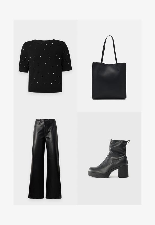 Fekete, rövid ujjú pulóver kerek nyakkal, az elején szétszórt fehér gyöngyökkel. Kötött anyag sima textúrával.; Fekete, magas derekú, széles lábú, műbőr nadrág elülső gombbal, cipzárral, övbújtatókkal és oldalsó zsebekkel, fehér háttérrel.; Fekete bokacsizmák sima bőrből, oldalsó cipzárral, vastag, texturált sarkú és lekerekített orrú dizájnnal.; Fekete bőrtáska sima felszínnel, téglalap alakú, két hosszú füllel. Nincs látható fémkiegészítő vagy díszítés.