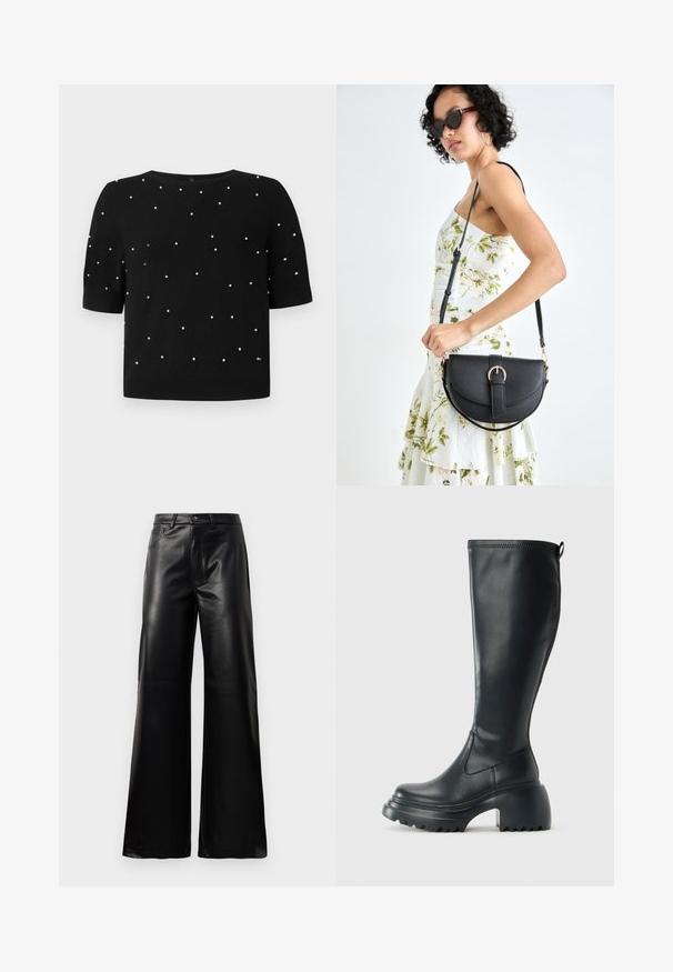 Maglione nero a maniche corte con scollatura rotonda e accenti di perline bianche sparsi sul davanti. Tessuto a maglia con una texture liscia.; Pantaloni ampi a vita alta in ecopelle neri con bottone frontale, chiusura con zip, passanti per cintura e tasche laterali su sfondo bianco.; Stivale lungo in pelle nera con suola piatta robusta e tacco a blocco, dotato di linguetta e battistrada testurizzato sulla suola.; Borsa a tracolla nera in pelle con una forma curva, manico rimovibile e accessori dorati. La borsa presenta una patta con un dettaglio a fibbia.