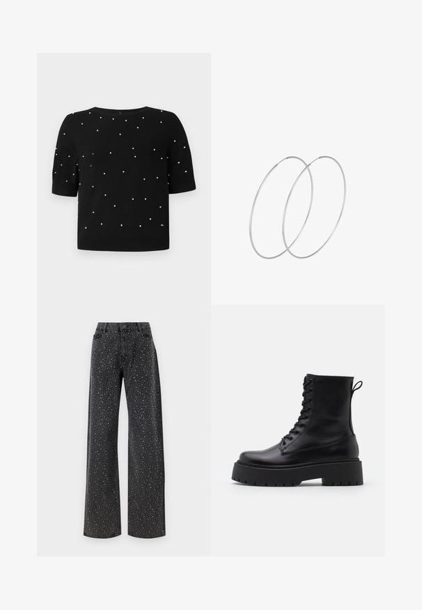 Suéter negro de manga corta con cuello redondo y acentos de cuentas blancas dispersas en el frente. Tejido de punto con una textura suave.; Noisy May NMJANNEL LOOSE - Vaqueros boyfriend - black denim; Botas de cuero negras hasta el tobillo con punta redonda, cordones en la parte delantera y una suela de goma gruesa con un dibujo texturizado. Tirador en la parte trasera.; Pendientes de aro plateados con un diseño minimalista. Forma circular, textura suave y perfil delgado. Livianos con un acabado pulido.