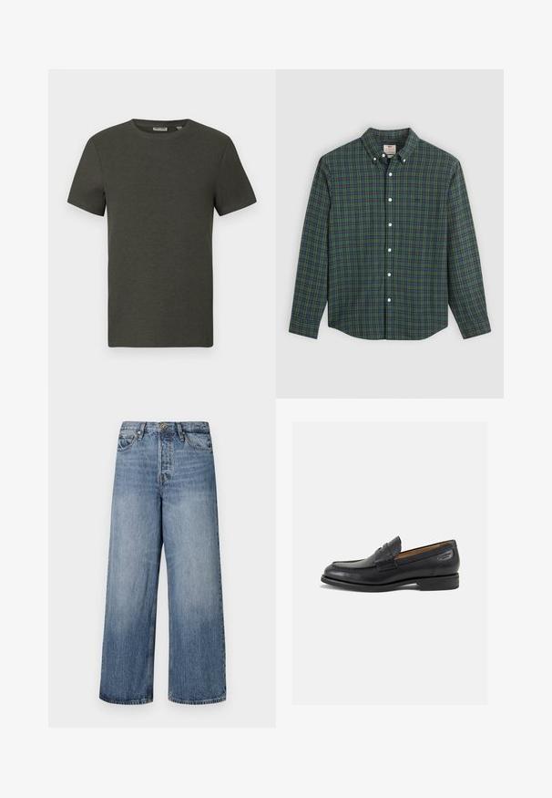 Dark green short-sleeve t-shirt with a round neckline, made of ribbed material; features a simple, minimalist design without patterns.; Long-sleeve button-up shirt with green, blue, and yellow plaid pattern, white buttons, and a buttoned collar.; Wide-leg blue denim jeans with a faded wash, five-pocket design, and a button closure. Equipped with belt loops and stitched detailing.; Black leather loafers with a smooth finish, rounded toe, and decorative stitching on the vamp. Low stacked heel and slight shine.