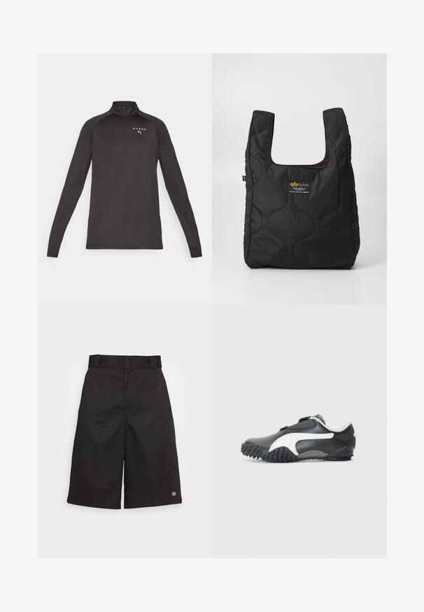 Schwarzer Langarmpullover mit einem Viertelreißverschluss, aus einem glatten Stoff gefertigt. Mit einem weißen Logo auf der linken Brustseite.; Schwarze Baumwollshorts mit geradem Schnitt, knielang, mit sichtbar eingesticktem Markenzeichen am Saum und einer glatten Textur.; Schwarzer Sportschuh mit strukturiertem Obermaterial, weißen Akzenten und Gummisohle mit einem genoppten Muster für Traktion. Verstellbarer Riemenverschluss.; Schwarze gesteppte Tragetasche mit großer Öffnung, gewellten Formen auf der Oberfläche und einem Etikett mit gelber und weißer Schrift auf der Vorderseite.