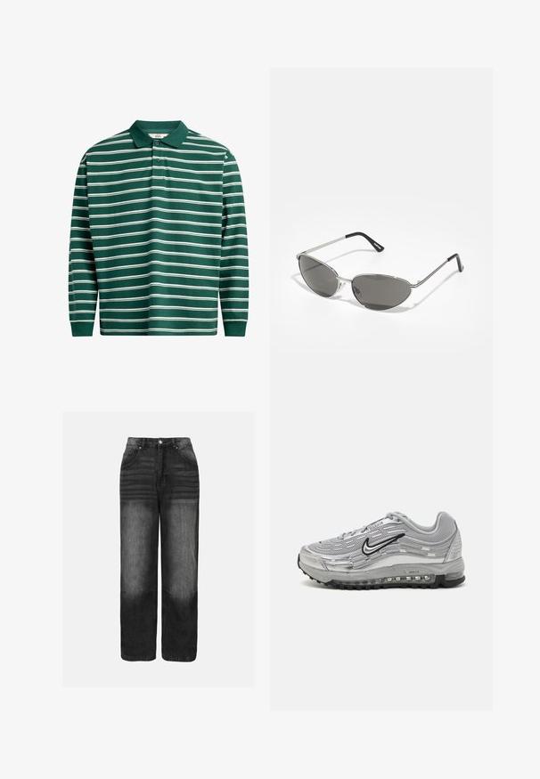 Tume rohelises toonis pikkade varrukatega polo särk, millel on valged horisontaalsed triibud. Särgil on klassikaline krae, kolme nupuga päevitus ja soonikkoes mansetid.; Mustadest denimist püksid, millel on fade-efekt, kõrge talje, viie-tasku disain ning sirge jalgade lõige. Metallist riistvarad ja õmbluse detailid on selgelt nähtavad.; Hallide Nike Air Max sneaks, milleto, syntetiline ülemine osa, lainekujulise disainiga, mustade aktsentidega ja nähtava õhkpadja süsteemiga.; Prillispid prillid, millel on peen hõbedane metallraam, hallid toonitud läätsed ja aerodünaamiline disain, millel on teravad servad ja õhukesed varred.