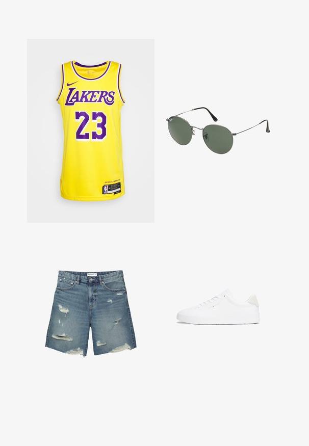 Žltý dres Nike s fialovými akcentmi, obsahujúci text "LAKERS" a číslo "23" v tučnom písme. Postranné odvetrávania a štítok na leme.; Džínové šortky vo svetlomodrej farbe so zničenými škvrnami. Majú štandardný pás, približne po kolená a rozstrapkané okraje. ; Biele tenisky s hladkým koženým zvrškom, okrúlou špičkou, plochou podrážkou a minimalistickým dizajnom. Obsahujú jemné branding a béžový akcent na päte.; Sunglass s metalovým rámom s oválnymi zelenými šošovkami. Tenký strieborný kovový rám a čierne štuple za uši. Minimalistický dizajn, bez viditeľných log.