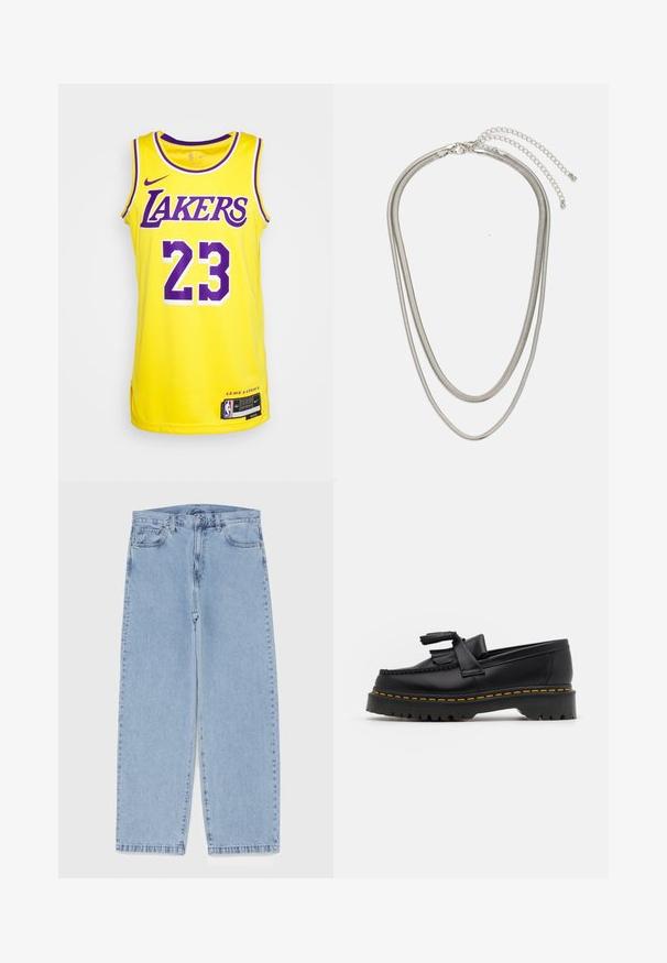 Dzeltena Nike krekla ar purpura akcentiem, ar uzrakstu "LAKERS" un numuru "23" treknā fontā. Sānu venti un birka apakšmalā.; Gai zila džinsu bikses ar taisnu kāju dizainu, kas piedāvā vidēju vidukļa augstumu, piecas kabatas un pogas un rāvējslēdzēja aizdari.; Melnas ādas mokasīni ar pērlītēm uzsvaru, ar masīvu melnu zoli un dzeltenu šuvumu gar malu. Ar teksturētu apdari.; Trīslīmeņu sudraba metāla kaklarota ar gludām, elastīgām ķēdēm, kas spīd, droši piestiprināta ar omā uzgali un regulējamu ķēdi.