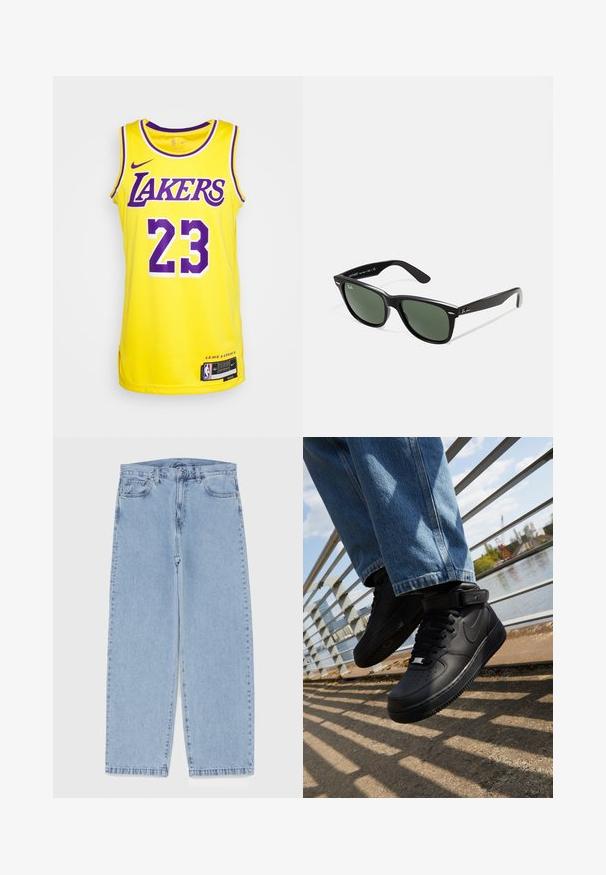Gul Nike-drakt med lilla detaljer, med teksten "LAKERS" og nummer "23" i fet skrift. Sidespalter og merkelapp nederst.; Lyseblå denimjeans med rett ben-design, med mid-rise liv, fem lommer og knap og lynlås lukning.; Sorte Nike Air Force 1 sneakers med skinnoverdel, mesh tunge og gummisåle, med høyt design og tykke snører.; Sorte plast-solbriller med grønne linser, firkantede rammer, sølvdetalje på brynene, og teksturerte stangarmen. Angitt merke på indre arm.