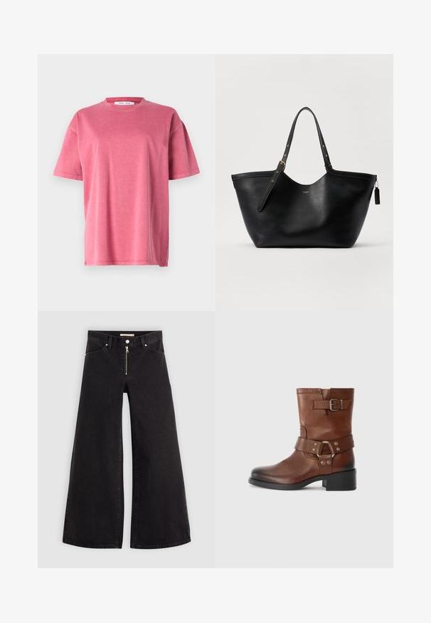 Korte mouw, oversized t-shirt van vervaagd roze katoen, met een ronde hals, een ontspannen pasvorm en subtiele stiksels langs de zoom.; Wijdvallende jeans van zwarte denim met een ritssluiting aan de voorkant, vijf zakken en subtiele stikdetails. Soepele textuur en casual stijl.; Bruine leren enkellaars met een ronde neus, zijgespasje detail en een lage blokhak. Gladde afwerking met contrasterende metalen accenten.; Zwarte leren tote bag met een gestructureerde vorm, dubbele handvatten en gouden hardware-accenten. Heeft een gladde textuur en een decoratief label.