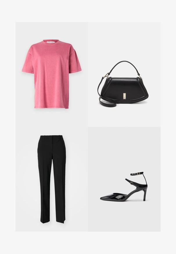 Short-sleeve, oversized t-shirt in faded pink cotton, featuring a crew neck, relaxed fit, and subtle stitching details along the hem.; Black tailored trousers with a straight-leg design, featuring a smooth texture and crisp creases along the front. No visible hardware.; Black patent leather heels with a pointed toe, adjustable ankle straps, and a slender heel. Smooth texture with a shiny finish.; Black leather handbag with a structured design, featuring a cropped shape, top handle, and gold hardware accent. Adjustable shoulder strap included.