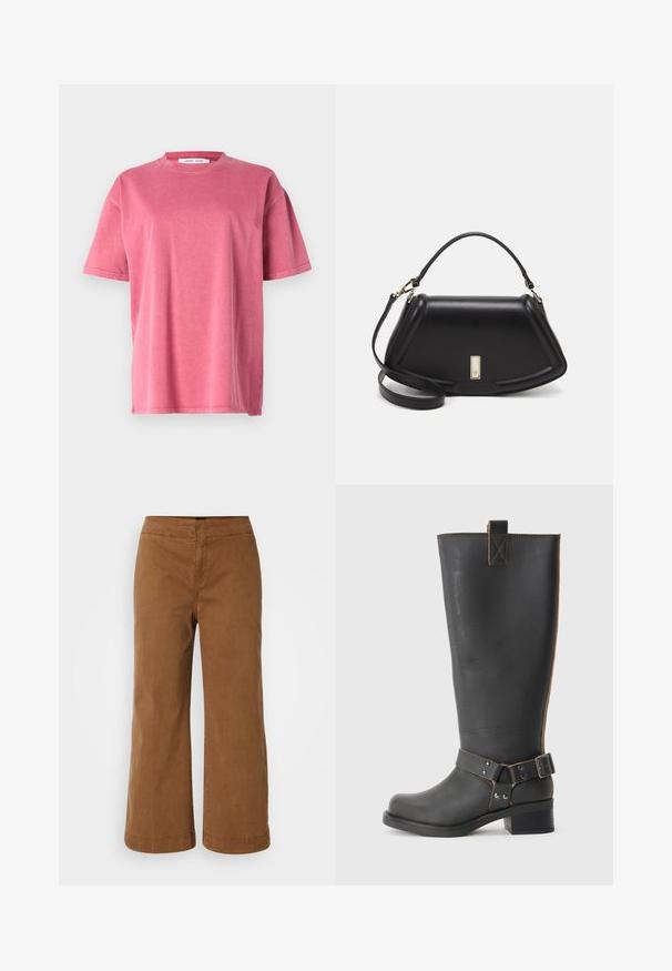 Lyhythihainen, ylisuurikokoinen t-paita haalistuneesta vaaleanpunaisesta puuvillasta, jossa on pyöreä pääntie, rento istuvuus ja hienovaraiset ompeluyksityiskohdat helmassa.; Ruskeat leveälahkeat housut, jotka on valmistettu pehmeästä kankaasta ja joissa on sileä tekstuuri. Housuissa on korkea vyötärö ja ommeltuja yksityiskohtia.; Musta nahkainen polvisaumaboot, jossa on teksturoitu pinta, sivussa solkiyksityiskohta ja matala korko. Yksityiskohtainen ommel saumoissa.; Mustalla nahkalaukulla, jossa on jämäkkä muotoilu, lyhyt malli, yläkahva ja kultaiset yksityiskohdat. Säädettävä olkahihna sisältyy.