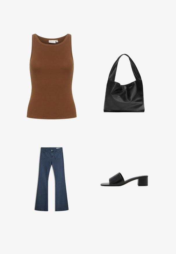 Brązowy prążkowany bawełniany top na ramiączkach o okrągłym dekolcie i dopasowanym kroju, z gładką fakturą i bezrękawowym wykończeniem.; Ciemnoniebieskie dżinsy typu dzwony z przeszytymi kieszeniami, zapięciem na guzik i gładką fakturą. Posiadają klasyczny pięciokieszeniowy fason.; Czarne skórzane klapki na otwartym palcu z szerokim paskiem i solidnym obcasem blokowym. Charakteryzują się gładką fakturą i minimalistycznym designem.; Czarna skórzana torba na ramię o miękkim, zwisającym fasonie, szerokich uchwytach i gładkiej fakturze. Brak widocznych elementów metalowych lub ozdób.