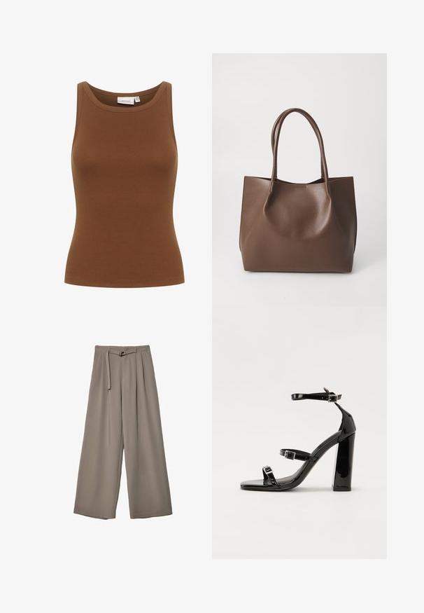 Smeđa rebrasta pamučna majica bez rukava s okruglim izrezom i prilagođenim dizajnom, s glatkom teksturom.; Široke hlače u mekoj, prigušenoj sivoj tkanini, s remenom na struku i plisiranim detaljima za dodatni dizajn. Glatka tekstura, bez uzoraka.; Crne lakirane sandale na visoku petu s dva remena s kopčama, kvadratnim vrhom i masivnom blok petom, s glatkom, sjajnom teksturom.; Smeđa kožna torba s dugim ručkama, strukturiranog oblika, glatke teksture i minimalističkog dizajna. Nema vidljivih metalnih dijelova ili ukrasa.