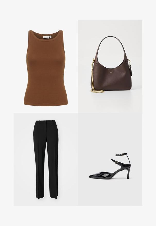 Brązowy prążkowany bawełniany top na ramiączkach o okrągłym dekolcie i dopasowanym kroju, z gładką fakturą i bezrękawowym wykończeniem.; Czarne spodnie o dopasowanym kroju z prostymi nogawkami, o gładkiej fakturze i wyraźnych zagięciach z przodu. Bez widocznych elementów metalowych.; Czarne lakierowane szpilki z ostrym noskiem, regulowanymi paskami wokół kostki i smukłą szpilką. Gładka tekstura z błyszczącym wykończeniem.; COACH BROOKLYN ciemnobrązowy