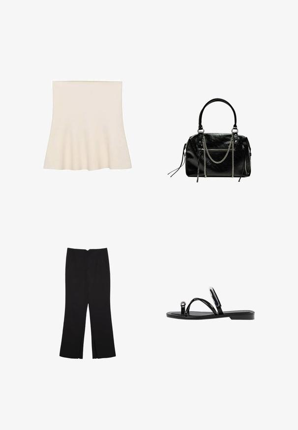 Cremefarbene, ausgestellte Skater-Rock, gefertigt aus weichem Stoff. Verfügt über eine glatte Textur und ein gerafftes Design am Saum, das eine subtile Bewegungen erzeugt.; Schwarze Hose mit geradem Schnitt, ausgestattet mit Fronttaschen und Seitenschlitzen am Saum. Hergestellt aus weichem, glattem Stoff. Geeignet für verschiedene Anlässe.; Schwarze flache Sandalen mit glänzender Oberfläche, drei dünnen Riemen und einem runden Hardware-Detail an den Zehen. Elegantes Design mit einem minimalen Absatz.; Bershka WITH CHAIN - Handtasche - black