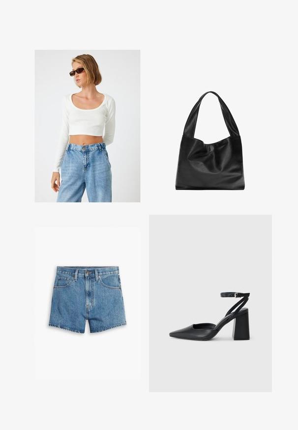 Witte, geribbelde, lange mouw crop top met een brede ronde hals, gecombineerd met hoge taille, lichtblauwe denim jeans.; Lichtblauwe denimshorts met vijf zakken, een ritssluiting en een knoopsluiting. De zoom is rafelig en heeft een ontspannen pasvorm.; Zwarte leren puntige pump met een enkelbandje en een chunky hak. Vlakke textuur, strakke vormgeving en minimalistische esthetiek.; Zwarte leren tote bag met een zachte, slappe vormgeving, brede hengsels en een gladde textuur. Geen zichtbare hardware of versieringen.