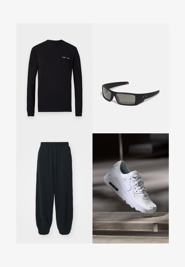 T-shirt nera a maniche lunghe in cotone, con collo rotondo e stampe bianche del logo "SAMSØE" su lato sinistro del petto.; Pantaloni da jogging neri con vita elasticizzata, dalla vestibilità morbida, caviglie a costina, texture liscia e senza motivi visibili o dettagli in metallo.; Sneaker Nike Air Max 90 bianco con tomaia in mesh e pelle, punta forata e un'unità air visibile nel tallone.; Occhiali da sole neri con finitura opaca, lenti rettangolari, leggero curvatura sulle tempie, dettaglio logo discreto e lenti color fumo.