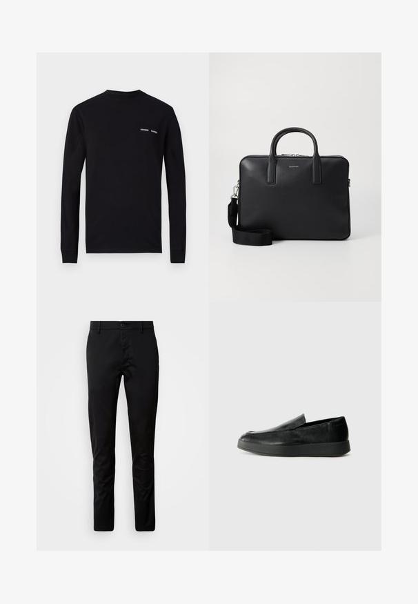 Schwarzes Langarm-T-Shirt aus Baumwolle, mit Rundhalsausschnitt und doppeltem weißen "SAMSØE"-Logo-Druck im linken Brustbereich.; Schwarze Hose mit schmaler Passform, aus glattem Material gefertigt. Verfügt über einen Bund mit Knopfverschluss und gerade geschnittenen Beinen.; Calvin Klein HYBRID CUP - Slipper - triple black; Schwarze Lederaktenmappe mit strukturiertem Finish, doppelten Griffen, abnehmbarem Schultergurt und einem Logo-Detail an der Vorderseite. Reißverschlussverschluss.