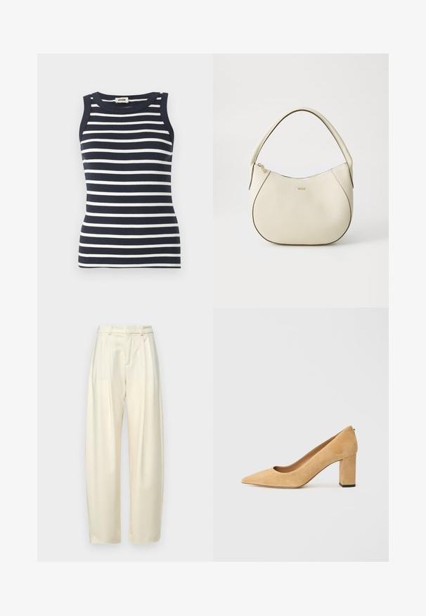 Prugasta majica bez rukava u mornarskoj plavoj i bijeloj boji, izrađena od rebraste tkanine, s okruglim izrezom.; Nabrane, hlače visokog struka od svijetle kreme tkanine. Imaju ravni kroj i glatku teksturu. Bez džepova ili vidljivih metalnih dijelova.; Bež antilop cipele na visoku petu s oštrom kapicom i debelom blok petom. Materijal ima mekanu teksturu s glatkom obradom.; Torbica boje krema s teksturiranim završetkom, zakrivljenog oblika, kratkom ručkom i logotipom u zlatnoj boji. Zatvarač na vrhu.