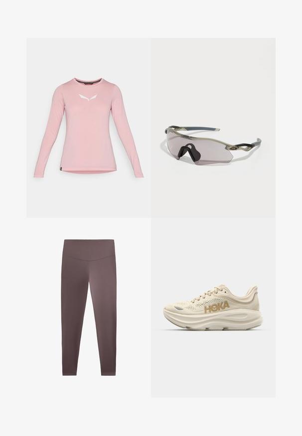 Vaaleanpunainen pitkähihaisella pyöreällä kauluksella varustettu paita, jossa on valkoinen minimalistinen logo kescenteröitynä rinnan kohdalla, esiteltynä yksinkertaisella valkoisella taustalla.; Ruske leggingser med en glatt, elastisk tekstur og høy midjebånd. Har et tettsittende design som går ned til anklene. Ingen synlige mønstre.; Vaalea beige juoksukenkä, jossa on verkkomainen päällinen, pehmustettu kaulus, näyttävä "HOKA" -logo kullassa sekä paksu, pehmeä pohja mukavuutta varten.; Aurinkolasit, joissa on läpinäkyvä harmaa kehys, sävyrikkaita linssejä ja kulmikas muotoilu. Ominaisuuksiin kuuluu erityinen nenäosa ja teksturoitu tummanharmaa temppeleiden varsi.
