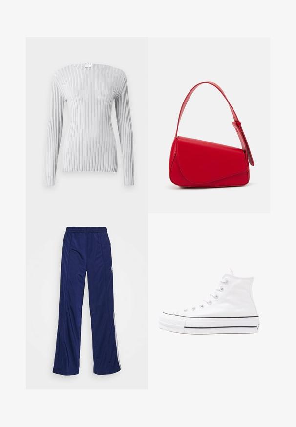 Hellgraues Langarmoberteil mit vertikaler Rippstruktur, rundem Ausschnitt und taillierter Silhouette. Etikett am Hals sichtbar.; Marineblaue Sporthose mit elastischem Bund, geraden Beinen und seitlichen Reißverschlüssen. Mit weißen Paspeln an den Seiten. Glatte Stoffstruktur.; Weiße hochwertige Leinensneaker mit schwarzer Gummisohle, vorderem Gummizehenschutz und sechs Ösen für Schnürsenkel, die ein sauberes, minimalistisches Design aufweisen.; Rote Lederhandtasche mit einem kantigen, geometrischen Design. Verfügt über einen verstellbaren Schulterriemen und einen Klappenverschluss mit genähten Details.
