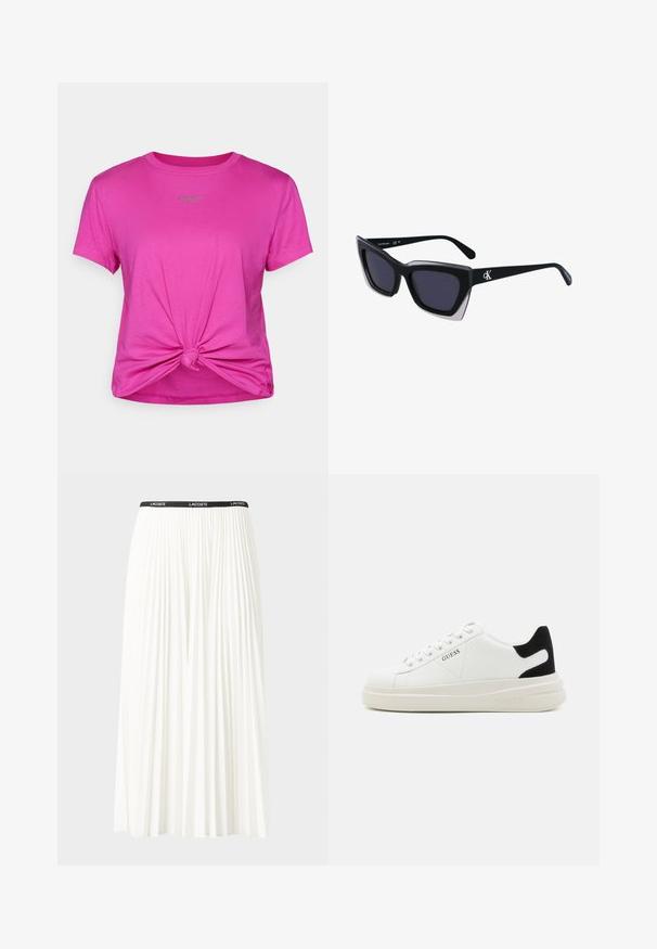 DKNY MINI STUD LOGO KNOT FRONT TEE - Marškinėliai su spaudiniu - orchid glow; Pleated balta sijonas su juodu elastiniu juosmeniu, ant kurio yra "LACOSTE" logotipas. Vidutinio ilgio dizainas su švelnia tekstūra.; Baltos odinės sportbačiai su storu baltu padu, juodu nubuko kulno akcentu ir iškilmingu logotipu šone. Su raišteliais, turinčiais šešis akinius.; Juodos didelės saulės akinių su geometrine forma, turinčiais tamsius objektyvus ir kontrastingą pilką detalę ant rėmelio. Logotipas ant šalon.