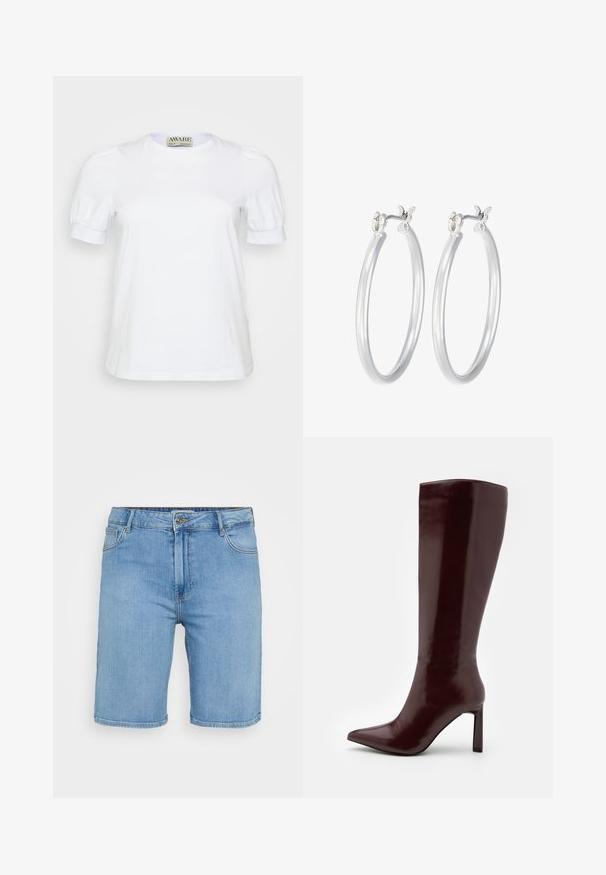 Valge lühikeste varrukatega t-särk, mis on valmistatud puuvillast. Omab ümmargust kaelust ja volangvarrukaid, millel on elastsed mansetid. Lihtne ja klassikaline disain.; Hele sinine denim särk lühikeste varrukatega, millel on kaks esist pocketit ja kaunistatud väikeste hõbedaste nööpidega.; Heledad sinine teksade lühikesed püksid klassikalise lõikega, millel on ees nööp sulgemine, vöökonksud ja kaks külge taskut. Silusd tekstuur ja sirge äär.; Even&Odd Saapad - dark red; Hõbedased rõngaskõrvarõngad, millel on sile, läikiv viimistlus. Ümmargune kuju ja turvaline klõpsulatus. Kerge disain, sobib igapäevaseks kandmiseks.