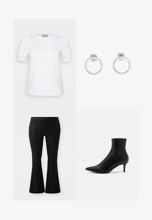 White short-sleeve t-shirt made from cotton, featuring a round neckline and puffed sleeves with elastic cuffs. Simple and classic design.; Black flared pants made of smooth fabric. Features front pockets, a button fly, and a fitted waist that expands into a flared leg.; Black ankle boots made of smooth leather with a pointed toe and a short, thin heel. Features a seamless design and subtle stitching accents.; Silver metal hoop earrings with a brushed texture, featuring a circular design and a clear post back for secure wear.