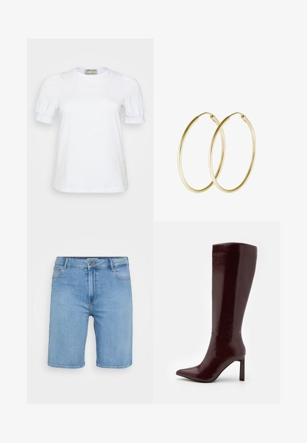 Biała krótko rękawowa koszulka wykonana z bawełny, z okrągłym dekoltem i bufiaste rękawy z elastycznymi mankietami. Prosty i klasyczny design.; Jasnoniebieskie dżinsowe szorty o klasycznym kroju, z zapięciem na guzik z przodu, szlufkami na pasek oraz dwoma bocznymi kieszeniami. Gładka struktura i prosta końcówka.; Even&Odd - Kozaki; Złote kolczyki w formie obręczy z gładkim, zaokrąglonym wzornictwem o błyszczącym wykończeniu. Lekka konstrukcja z bezpiecznym zapięciem.
