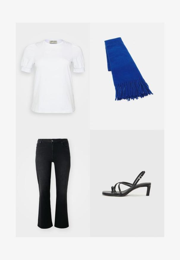 White short-sleeve t-shirt made from cotton, featuring a round neckline and puffed sleeves with elastic cuffs. Simple and classic design.; Black denim jeans with a mid-rise waist, front button, two front pockets, two back pockets, and flared leg cut.; Black strappy sandal with a square toe and a low block heel. Features multiple thin straps and an adjustable ankle strap. Made of smooth leather.; Blue woven scarf with fringed ends, smooth texture, rectangular shape, and uniform color throughout. Suitable for cold weather.; Silver double-band ring with a smooth, polished surface. Features a fluid, curved design with overlapping sections for a modern look.