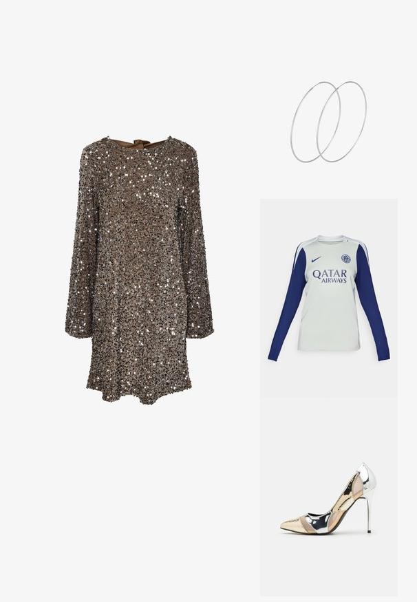 Maillot de football à manches longues en gris clair avec des manches bleu marine. Il possède un col rond, un logo Nike et un marquage Qatar Airways sur le devant.; Robe à manches longues en tissu marron recouverte de sequins argentés, avec un col rond et un nœud dans le dos. Surface réfléchissante et texturée.; Chaussure à talon aiguille à bout pointu avec un schema de couleurs argent, or et nude. Fini brillant avec un design découpé, dotée d'un talon stiletto.; Pochette en métal argenté avec une forme douce et arrondie et un fermoir en haut noué. Fabriquée en simili cuir lisse.; Boucles d'oreilles en argent au design minimaliste. Forme circulaire, texture lisse et profil fin. Légères avec une finition polie.