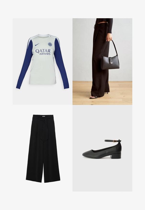 Tricou de fotbal cu mânecă lungă în gri deschis, cu mâneci bleumarin. Prezentă un decolteu rotund, logo-ul Nike și brandingul Qatar Airways pe față.; Pantaloni largi negri dintr-un material texturat, cu un tiv elastic și o panglică detașabilă la talie pentru un fit ajustabil.; Pantof cu toc negru din piele, cu vârf ascuțit și toc mic pătrat. Dispune de o curea la gleznă cu o cataramă în tonuri de aur. Textură netedă.; Genți negre cu o formă structurată, textură netedă și un închizător metalic. Asortată cu pantaloni negri largi și sandale cu vârf deschis pe un podea din lemn.