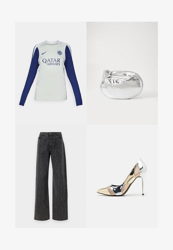 Maglietta da calcio a maniche lunghe di colore grigio chiaro con maniche blu navy. Presenta un collo rotondo, il logo Nike e il marchio Qatar Airways nella parte anteriore.; Noisy May NMJANNEL LOOSE - Jeans baggy - black denim; Scarpa con tacco alto a punta, con una combinazione di colori argento, oro e nudo. Finitura lucida con design a ritaglio, con tacco a stiletto.; Borsa a pochette metallica argentea con una forma morbida e arrotondata e chiusura superiore annodata. Realizzata in materiale sintetico morbido.; Orecchini a cerchio in argento con un design minimalista. Forma circolare, superficie liscia e profilo sottile. Leggeri con una finitura lucida.