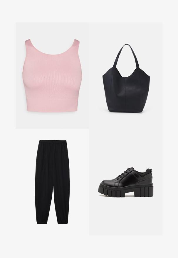 Top corto rosa a coste con scollatura rotonda e spalline larghe, caratterizzato da una texture liscia e una silhouette aderente.; Pantaloni neri leggeri con vita elastica e caviglie arricciate. Il tessuto è liscio e presenta un design rilassato e affusolato.; Scarpe platform in pelle nera con tacco a blocco robusto, punta rotonda e design tradizionale con lacci. Presentano una superficie liscia e dettagli minimi.; Borsa tote nera realizzata in pelle liscia, con una parte superiore curva e aperta, dotata di due manici per spalla e un design minimalista.