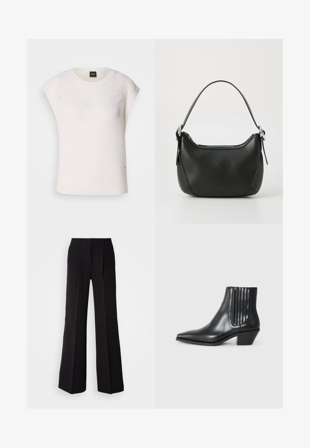 Valge ilma varrukateta sviiter, mille ülemises osas on tekstureeritud muster ja soonikserv. Omab ümmargust kaelaauku ning diskreetset brändimist sildil.; Mustadest ühtlasest kangast püksid, mis on kõrge vöökohaga, laia säärepikkusega ja kahel ees oleval voldil lisatud disaini detailideks.; Must kõva nahast ankle boot terava varbaga, elastsete külgpanelide ja vertikaalsete soontega ning madala ploki kontsaga. Sile tekstuur ja stiilne disain.; Must mustast nahkaga kott, millel on kaarjas kuju, hõbedane tõmblukk ja lühike käepide. Ees on peen logo ning kott on sileda tekstuuriga.