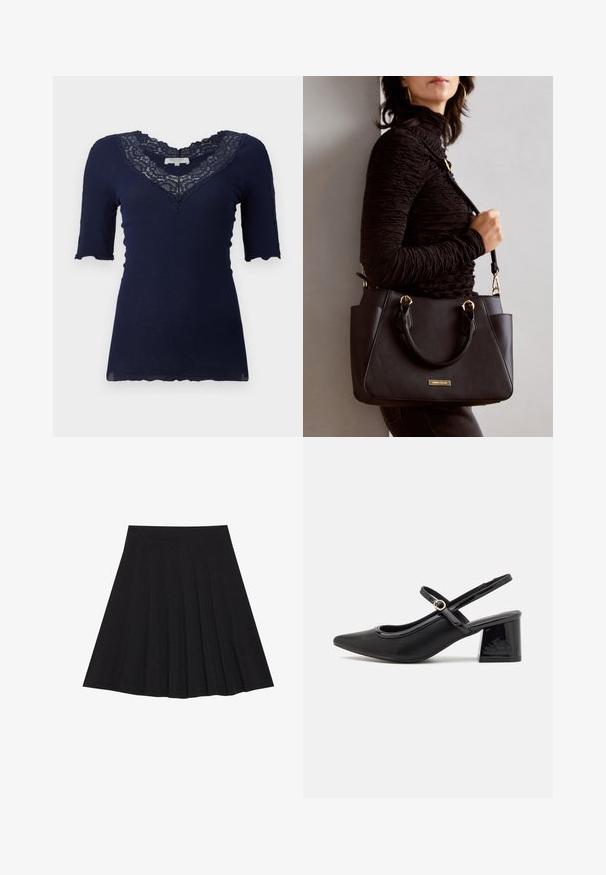 Marineblå ribbet top med korte ærmer og bølget kant. Har en V-udskæring med blondedetaljer og blondeaccentuerede ærmer.; Sort plisseret nederdel lavet af struktureret stof med en tætsiddende talje. Faldende til knæ længde og har en glat, ren silhuet.; Sorte patentlæder slingback hæle med spids tå, rund udskæring og blokhæl. Har en guldtonet spændeaccents.; Sort håndtaske med struktureret overflade, dobbelt topbærere og justerbar skulderrem. Udstyret med guldfarvet metalhardware og sidelommer.