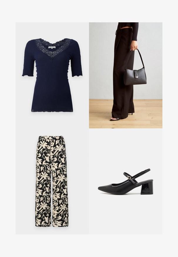 Marineblå ribbet top med korte ærmer og bølget kant. Har en V-udskæring med blondedetaljer og blondeaccentuerede ærmer.; Sorte vide bukser med et mønster af cremefarvede blomster. Lavet af letvægtsstof, som har en glat tekstur og en høj talje.; Sorte patentlæder slingback hæle med spids tå, rund udskæring og blokhæl. Har en guldtonet spændeaccents.; Sort håndtaske med struktureret form, glat overflade og metalspænde. Sammen med brede sorte bukser og sandaler med åben tå på trægulv.