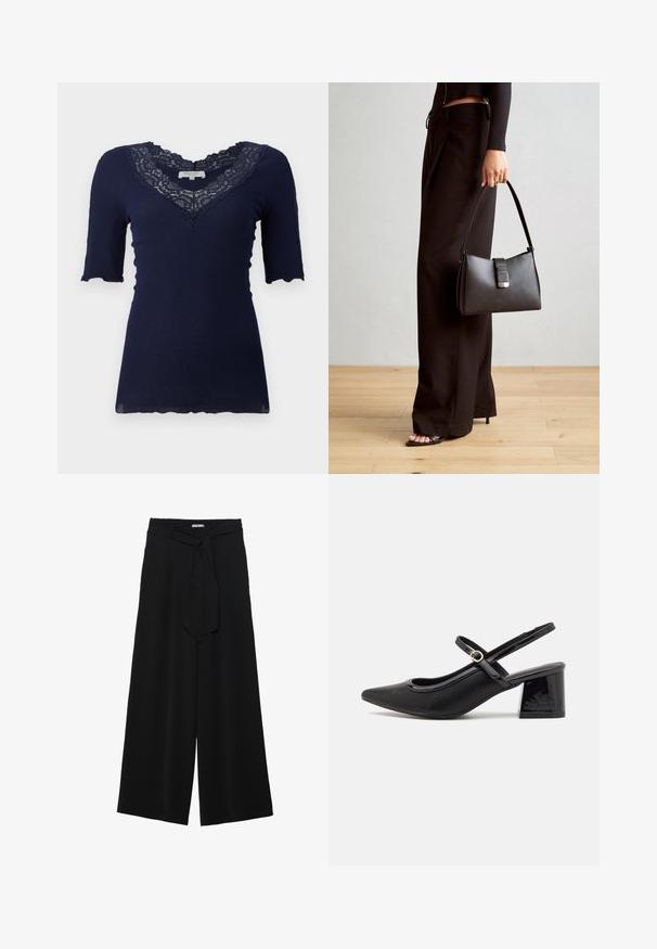 Marineblå ribbet top med korte ærmer og bølget kant. Har en V-udskæring med blondedetaljer og blondeaccentuerede ærmer.; Sorte vide bukser i en tekstureret stofkvalitet, med elastisk talje og et aftageligt bånd i taljen for justerbar pasform.; Sorte patentlæder slingback hæle med spids tå, rund udskæring og blokhæl. Har en guldtonet spændeaccents.; Sort håndtaske med struktureret form, glat overflade og metalspænde. Sammen med brede sorte bukser og sandaler med åben tå på trægulv.