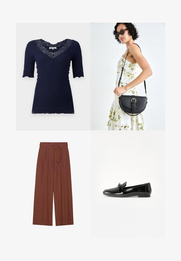 Tumši zils ribota blūze ar īsām piedurknēm un viļņotu apakšmalu. Ar mežģīņu apdari V-veida kakla izgriezumā un mežģīņu akcentiem uz piedurknēm.; Platas kājas bikses brūnā audumā, ar jostu ar kvadrāta sprādzi, plišu dizainu un gludu tekstūru.; Melns lakots ādas loafers ar plakanu zoli, apaļu purngalu un dekoratīvu jostu ar zelta toņa akcentu. Gluda, spīdīga apdare.; Melnas ādas rokassoma ar izliekta formu, noņemamu siksnu un zelta aksesuāriem. Somai ir vāciņš ar sprādzes detaļu.