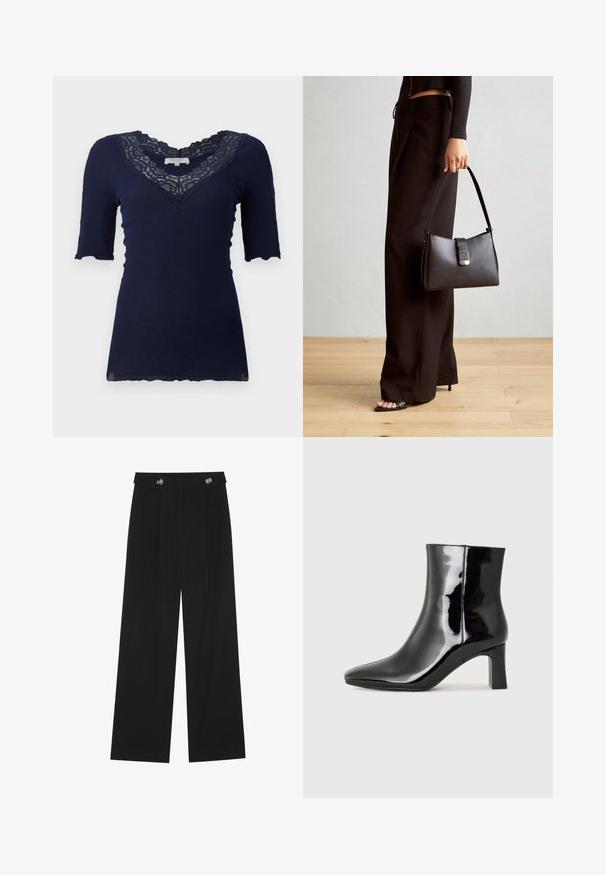 Tamsiai mėlynas raštuotas viršus su trumpomis rankovėmis ir banguota apatine dalimi. Yra iškirpimas V formos su nėriniuotu apvadu ir nėrinių akcentai rankovėse.; Juodi plačios kojos kelnės su aukštu liemeniu, sagų detalėmis ant liemens ir priekinėmis raukšlėmis.; Juodos lakuotos odinės aulinukės su smailiu pirštu ir vidutinio aukščio blokuotu kulnu. Lygus paviršius ir minimalistinis dizainas.; Juodas rankinė struktūrizuota forma, lygi tekstūra ir metalinis užsegimas. Suporuota su plačiomis juodomis kelnėmis ir atvirais bateliais ant medinių grindų.