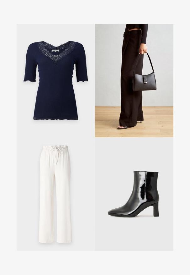 Navy blue ribbed top with short sleeves and a scalloped hem. Features a lace-trimmed V-neckline and lace accents on sleeves.; White wide-leg pants made of soft fabric, featuring a drawstring waist and smooth texture. No patterns or embellishments visible.; Black patent leather ankle boot with a pointed toe and a mid-height block heel. Smooth texture and minimalist design.; Black handbag with structured shape, smooth texture, and a metallic clasp. Paired with wide black pants and open-toe sandals on wooden floor.