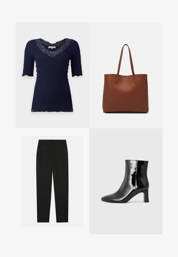 Top rib de culoare albastru marin, cu mâneci scurte și margine zimțată. Prezintă un decolteu în V, decorat cu dantelă, și accente din dantelă pe mâneci.; Pantaloni negri cu un design croit, dotati cu buzunare laterale si un croi drept. Fabricati dintr-un material neted, usor, cu un finisaj elegant.; Botine negre din piele lacuită, cu vârful ascuțit și toc bloc de înălțime medie. Textură netedă și design minimalist.; Geantă de umăr din piele maro cu o textură netedă, design cu vârf deschis și două curele pentru umăr. Prezintă cusături minime și fără componente metalice vizibile.