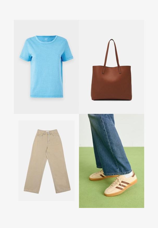 Gaiši zila kokvilnas T-krekls ar apaļu dekoltē, īsām piedurknēm un redzamām šuvēm pie maliņām. Vienkāršs, neizpušķots dizains.; Beige platuma kāju bikses, kas izgatavotas no denima, ar augstu jostasvietu, priekšējām kabatām un kontrastējošiem šuvēm. Dizainā ir iekļauta pogu aizdares sistēma.; Beidzīgi krēmbalti sporta apavi ar tekstūru un brūnā svītra, apvienoti ar zilu džinsu biksēm. Džinsus raksturo plata kāja un saplēsts apakšmalas dizains.; Brūna ādas iepirkumu soma ar gludu tekstūru, atvērta augšdaļa un divas plecu siksnas. Izceļas ar minimālām šuvēm un redzamu aparatūru nav.