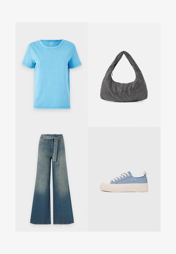 Lysblå bomulds T-shirt med rund halsudskæring, korte ærmer og synlige stikninger ved kantene. Enkel, udekoreret design.; Bredbens-denimbukser med en lys til mørk blå gradient, høj talje, bælteløkker og et matchende stofbælte. Tekstureret denimfinish.; Lyseblå lærredssneakers med en cremefarvet gummitåhætte og sål, udstyret med hvide snørebånd og en træksløjfe på hælen.; Sort taske med en buet, hobo-form, tekstureret stof med sølvnitter. Enkel overhåndtag, lynlås-lukning og blød silhuet.