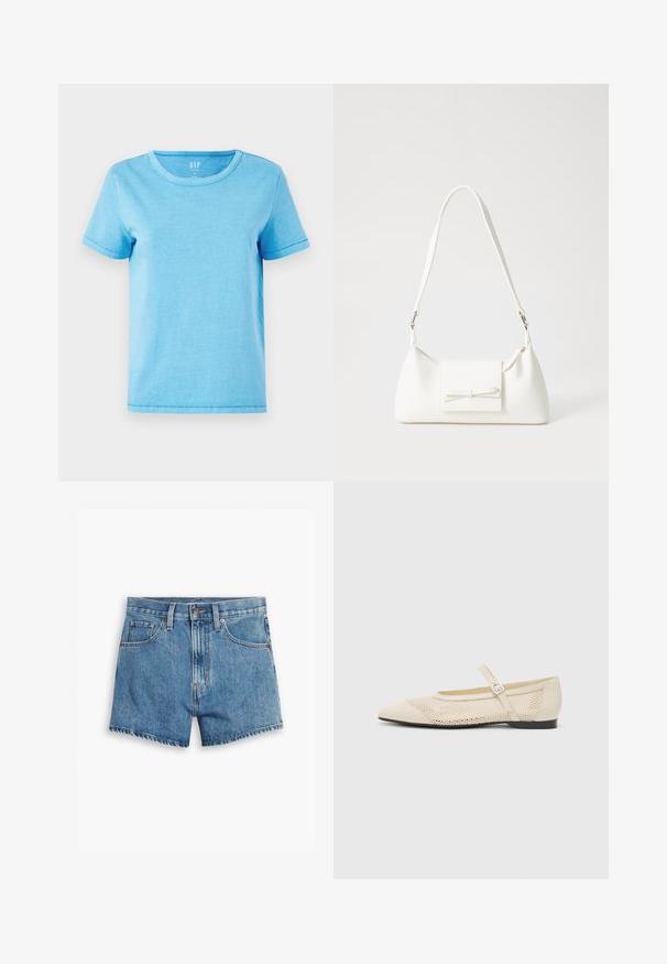 Tricou din bumbac de culoare bleu deschis, cu guler rotund, mâneci scurte și detalii vizibile de cusătură la margini. Design simplu, neîmbunătățit.; Șorturi din denim de culoare albastră deschisă, cu cinci buzunare, fermoar și închidere cu bătaie. Marginile sunt desfăcute, având un design confortabil.; Balerini bej cu vârf ascuțit, cu un design din plasă, și o curea cu cataramă laterală. Talpă plată cu o textură netedă.; Geantă sintetică albă, cu formă triangulară, capac frontal plat și detaliu cu fundă, curea ajustabilă, textură netedă și design minimalist.