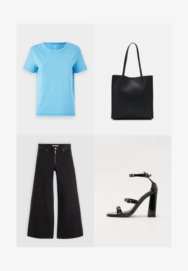 Tricou din bumbac de culoare bleu deschis, cu guler rotund, mâneci scurte și detalii vizibile de cusătură la margini. Design simplu, neîmbunătățit.; Jeans cu picioare largi din denim negru, cu fermoar în față, design cu cinci buzunare și detalii subtile de cusătură. Textură netedă și stil casual.; Sandale cu toc din patent negru, cu vârf pătrat, curele la gleznă și catarame din argint. Dispune de un toc gros pentru stabilitate.; Geantă tote neagră din piele, cu textură netedă, formă rectangulară și două mânere lungi. Fără hardware vizibil sau ornamente.