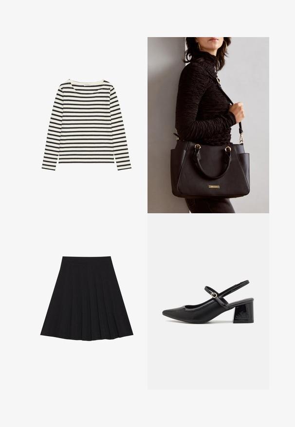 Ilgomis rankovėmis marškiniai su plačiu, apvaliu iškirpimu, pagaminti iš minkštos medžiagos, turintys juodai kreminių horizontalinių dryžių.; Juoda plisėta sijonas, pagamintas iš tekstūruotos medžiagos su prigludusia juosmens juosta. Siekia kelių ilgį, turi sklandžią, švarią siluetą.; Juodi patentinio odos slingback aukštakulniai su smailiu pirštu, apvaliu išpjovimu ir blokiniu kulnu. Papuošti auksiniu juostos akcentu.; Juodas rankinės maišelis su struktūrizuota paviršiumi, dvigubais viršutiniais rankenėlėmis ir reguliuojamu peties diržu. Įrengtas aukso spalvos furnitūra ir šoninės kišenės.