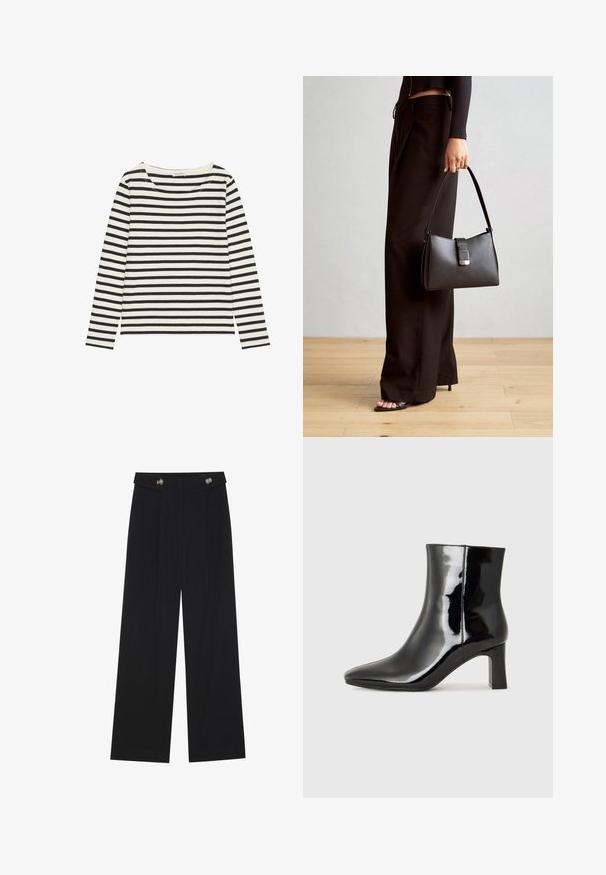 Dlhý rukáv košele s širokým, okrúhlym výstrihom, vyrobené z mäkkej tkaniny, s čiernymi a krémovými horizontálnymi pruhmi.; Čierne široké nohavice s vysokým pásom, so zapínaním na gombíky na páse a prednými sklady.; Čierne lakované členkové topánky s špicatou špičkou a stredne vysokým blokovým podpätkom. Hladká textúra a minimalistický dizajn.; Čierna kabelka so štruktúrovaným tvarom, hladkou textúrou a kovovou sponou. V kombinácii so širokými čiernymi nohavicami a sandálmi s otvorenou špičkou na drevenej podlahe.