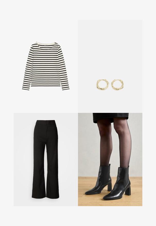Langärmliges Shirt mit weitem, rundem Ausschnitt, aus einem weichen Stoff gefertigt, mit schwarzen und cremefarbenen horizontalen Streifen.; Schwarze weit geschnittene Hosen mit glatter Textur, hoher Taille und klarem Design. Keine sichtbaren Taschen oder Verzierungen.; Schwarze Leder-Ankle-Boots mit spitzer Zehenform, klobigem quadratischem Absatz und schlankem Design. Verfügt über elastische seitliche Einsätze für leichtes An- und Ausziehen.; Goldene Creolen mit einer strukturierten, unregelmäßigen Form. Sie verfügen über einen nahtlosen Verschluss und eine polierte Oberflächenbehandlung, die ein modernes Design betont.